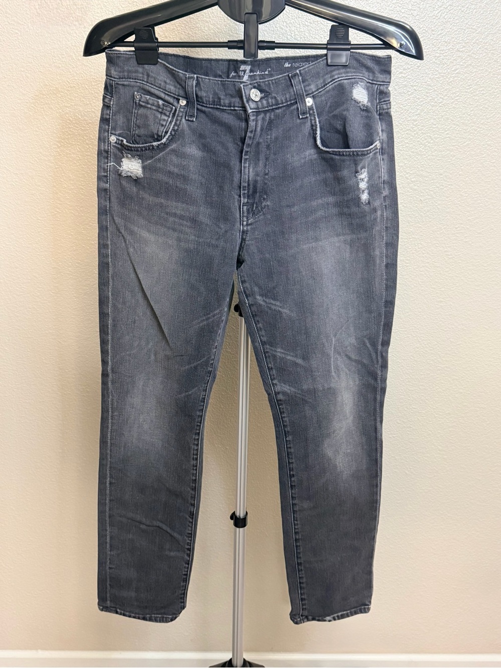 7 For All Mankind Slim Straight Distressed Gray Jeans